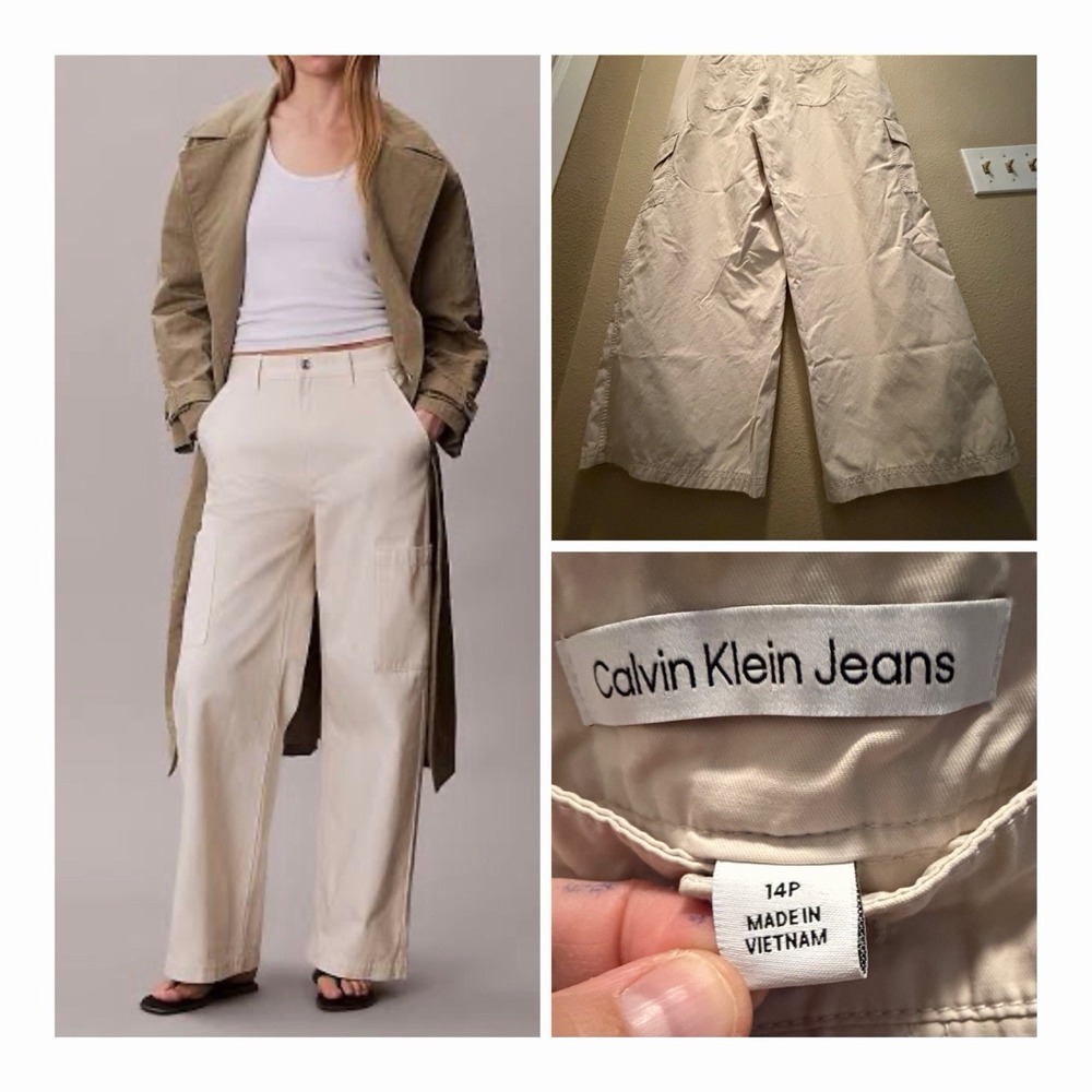 Calvin Klein Womens 14P Cargo Pants Wide Leg Beige (Birch) High Rise